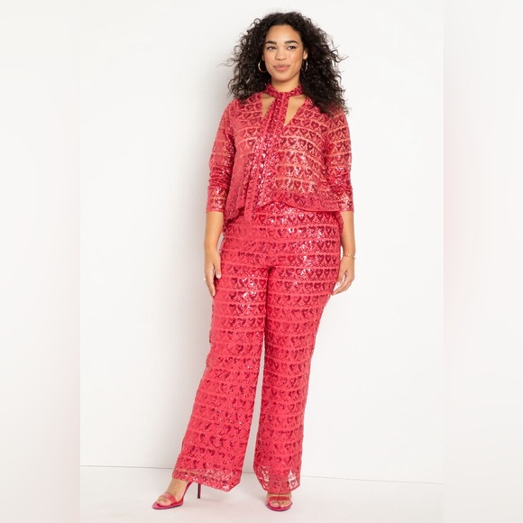 NWT ELOQUII Hot Pink Heart Sequin Top & Pants Set! Size 16 - Picture 5 of 7